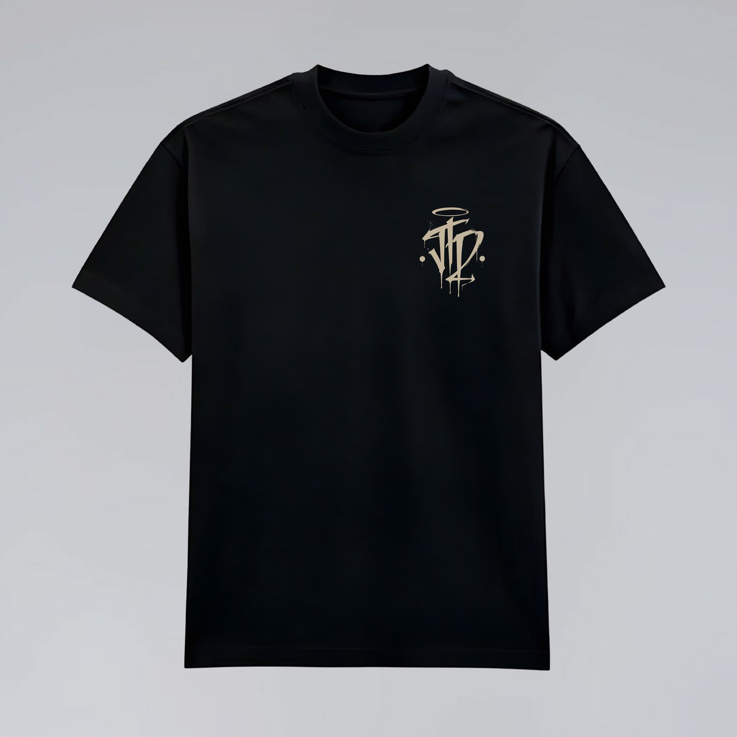Front flat lay of Chaos and Order black graphic t-shirt.