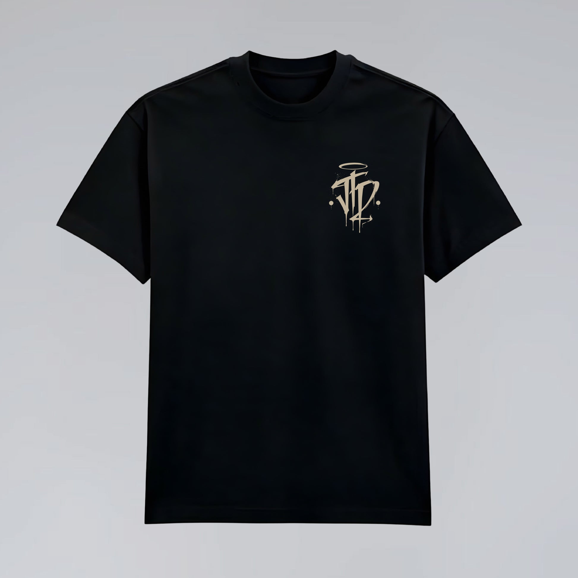 Front flat lay of Chaos and Order black graphic t-shirt.
