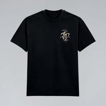 Front flat lay of Chaos and Order black graphic t-shirt.
