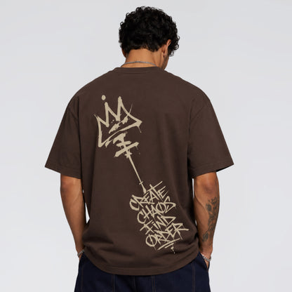 Jump The Dark Back print of Chaos and Order brown streetwear t-shirt.