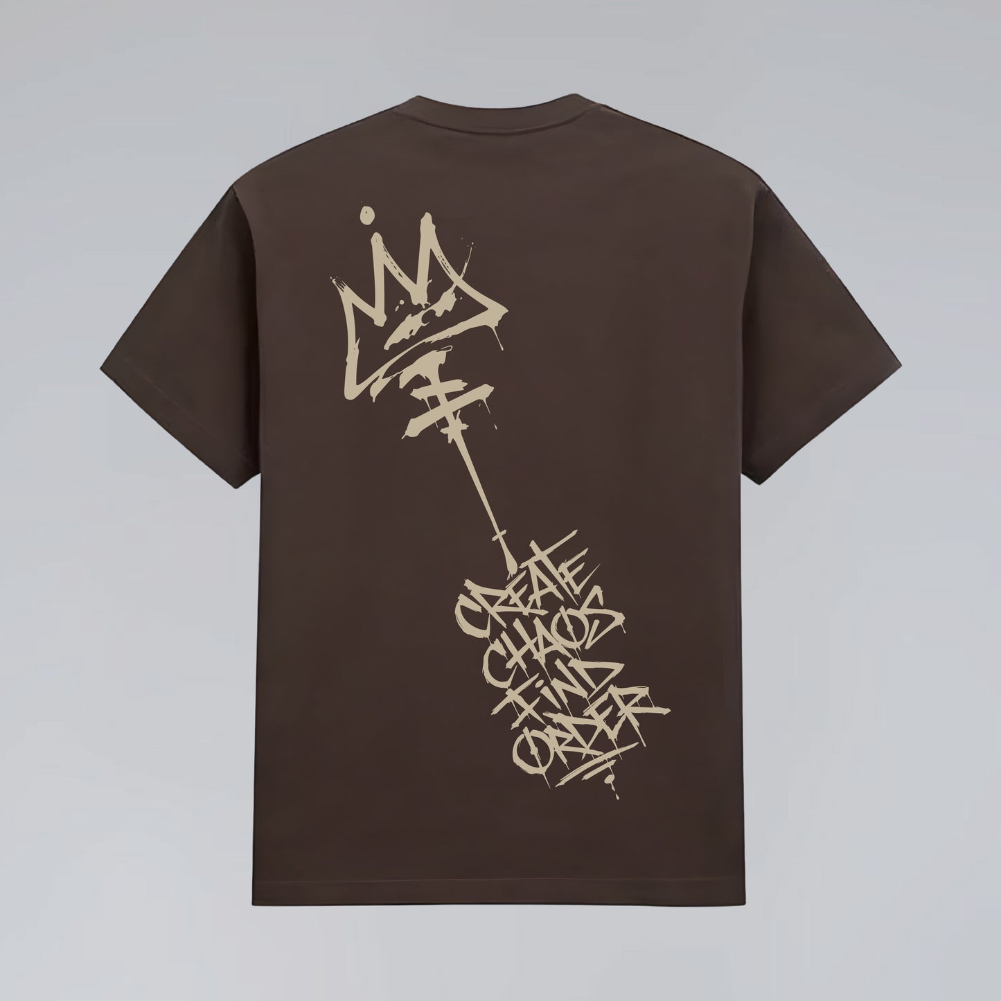 Back flat lay of Chaos and Order brown graphic street style t-shirt.