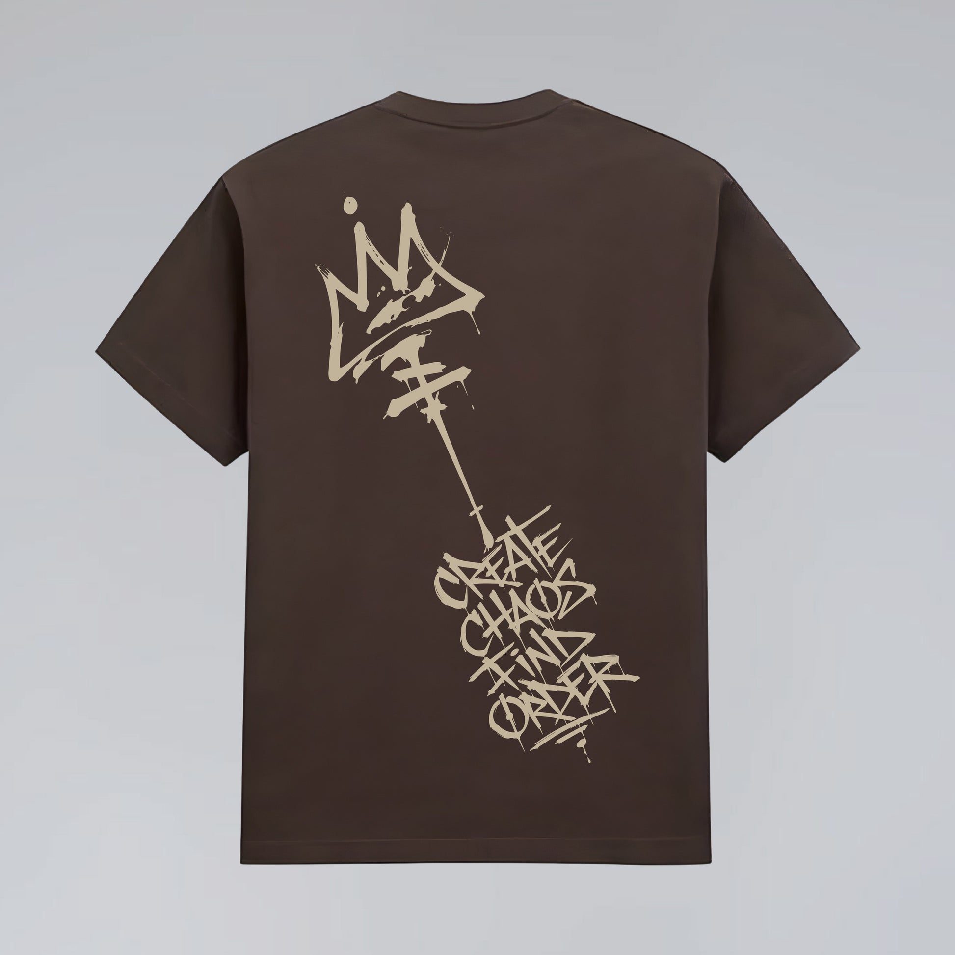 Back flat lay of Chaos and Order brown graphic street style t-shirt.