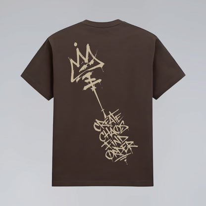 Back flat lay of Chaos and Order brown graphic street style t-shirt.