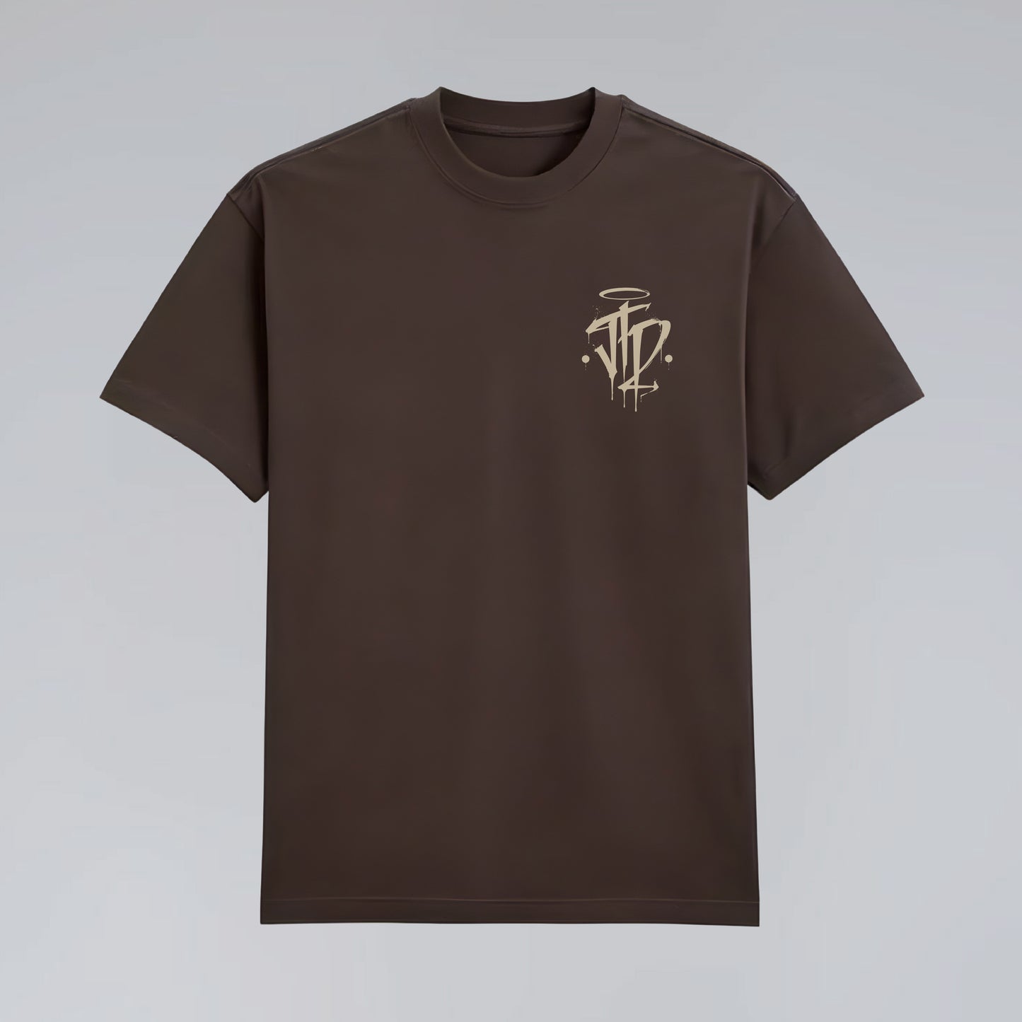 Front flat lay of Chaos and Order brown streetwear tee.