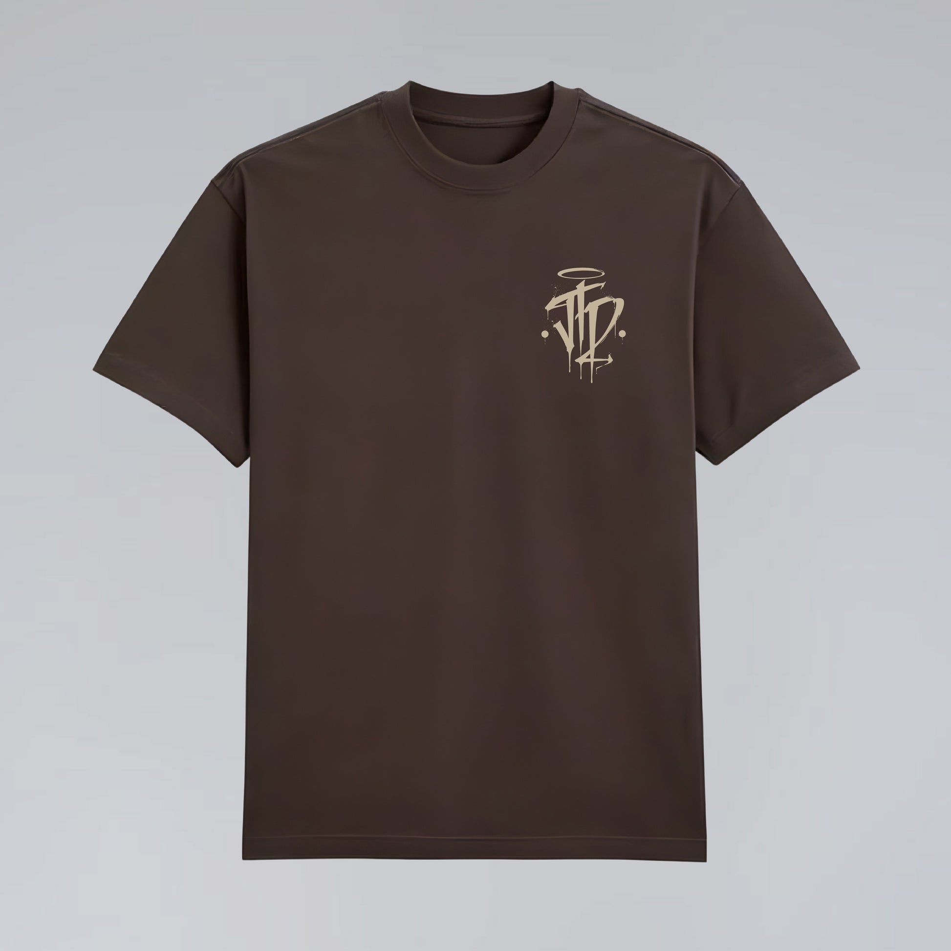 Front flat lay of Chaos and Order brown streetwear tee.