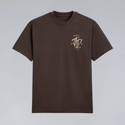 Front flat lay of Chaos and Order brown streetwear tee.