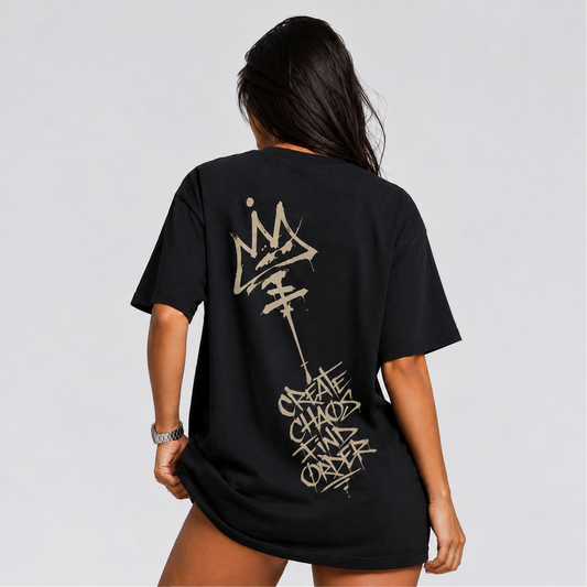 Back graphic of Chaos and Order black heavyweight graphic tee.