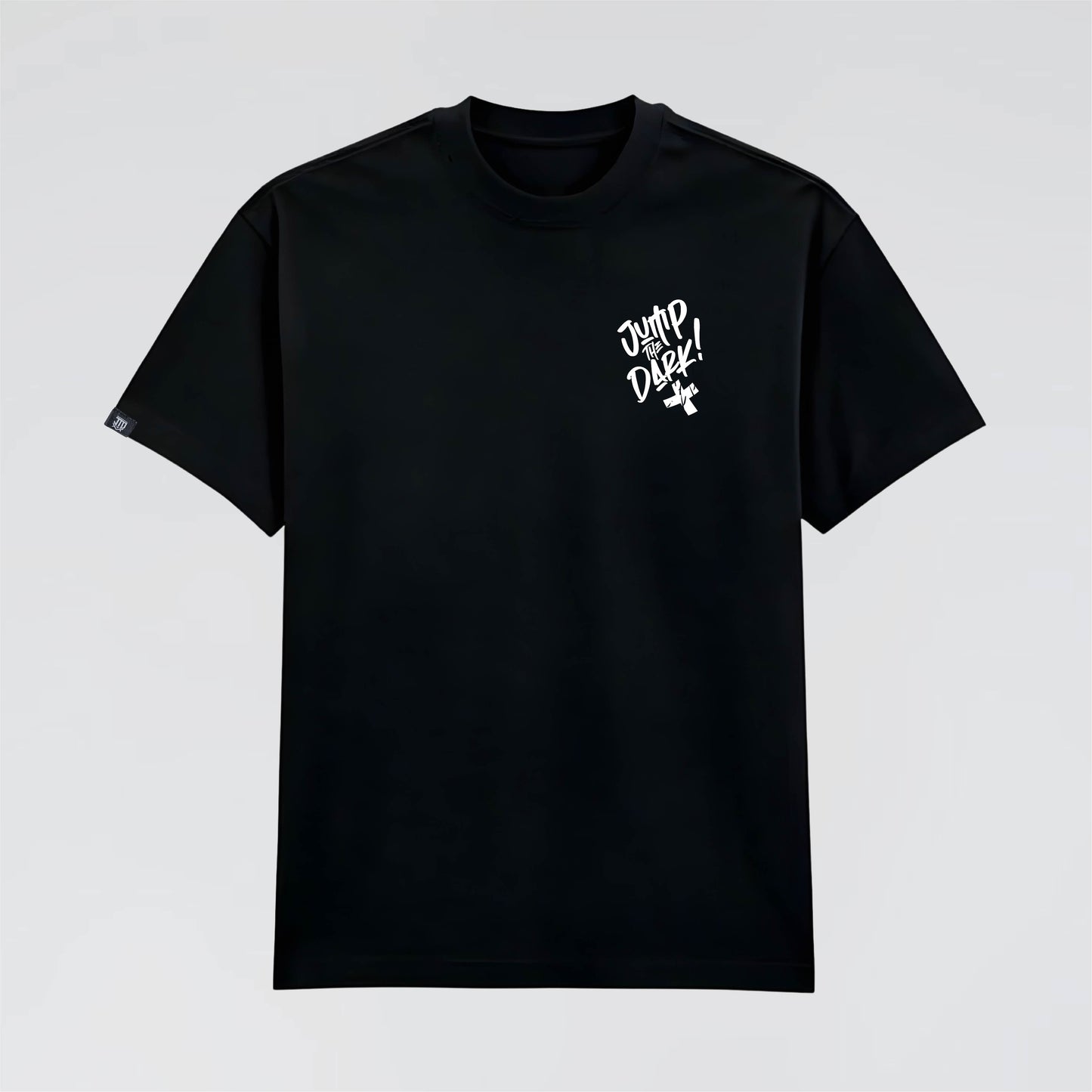 UK Streetwear Heavy T-Shirt in black with white graphic print. Jump the Dark