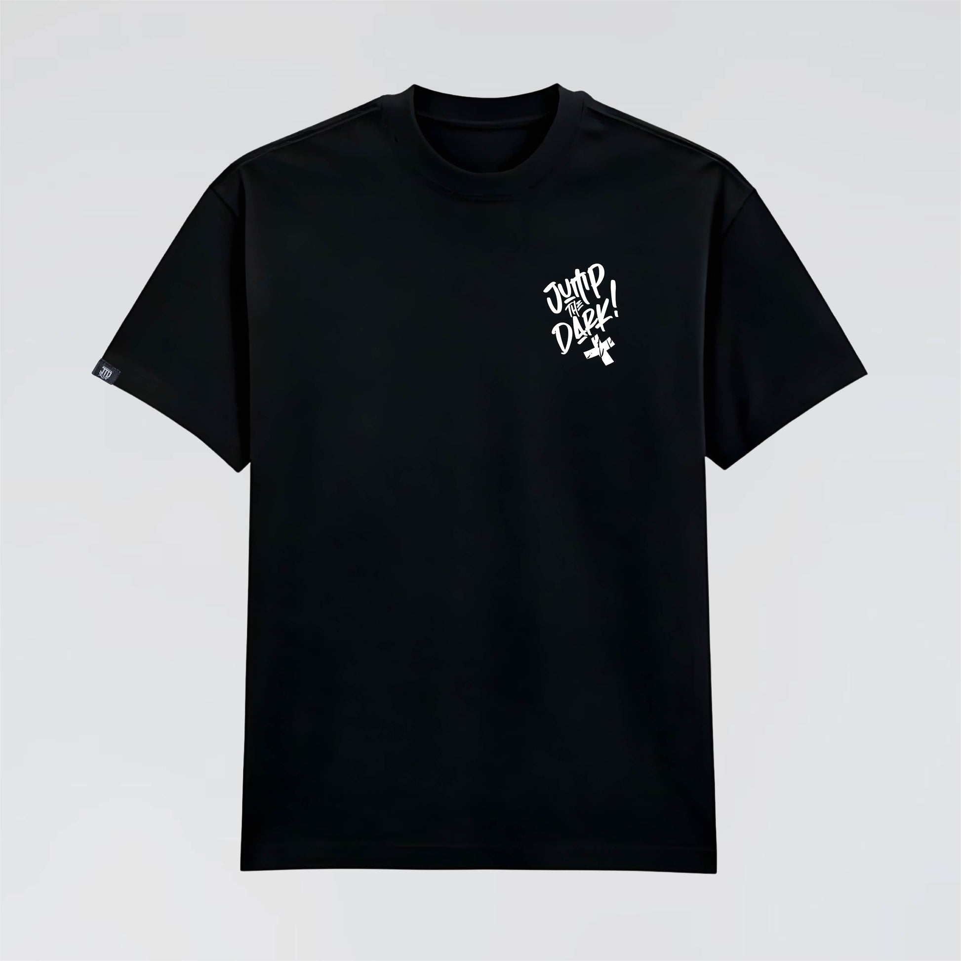 UK Streetwear Heavy T-Shirt in black with white graphic print. Jump the Dark