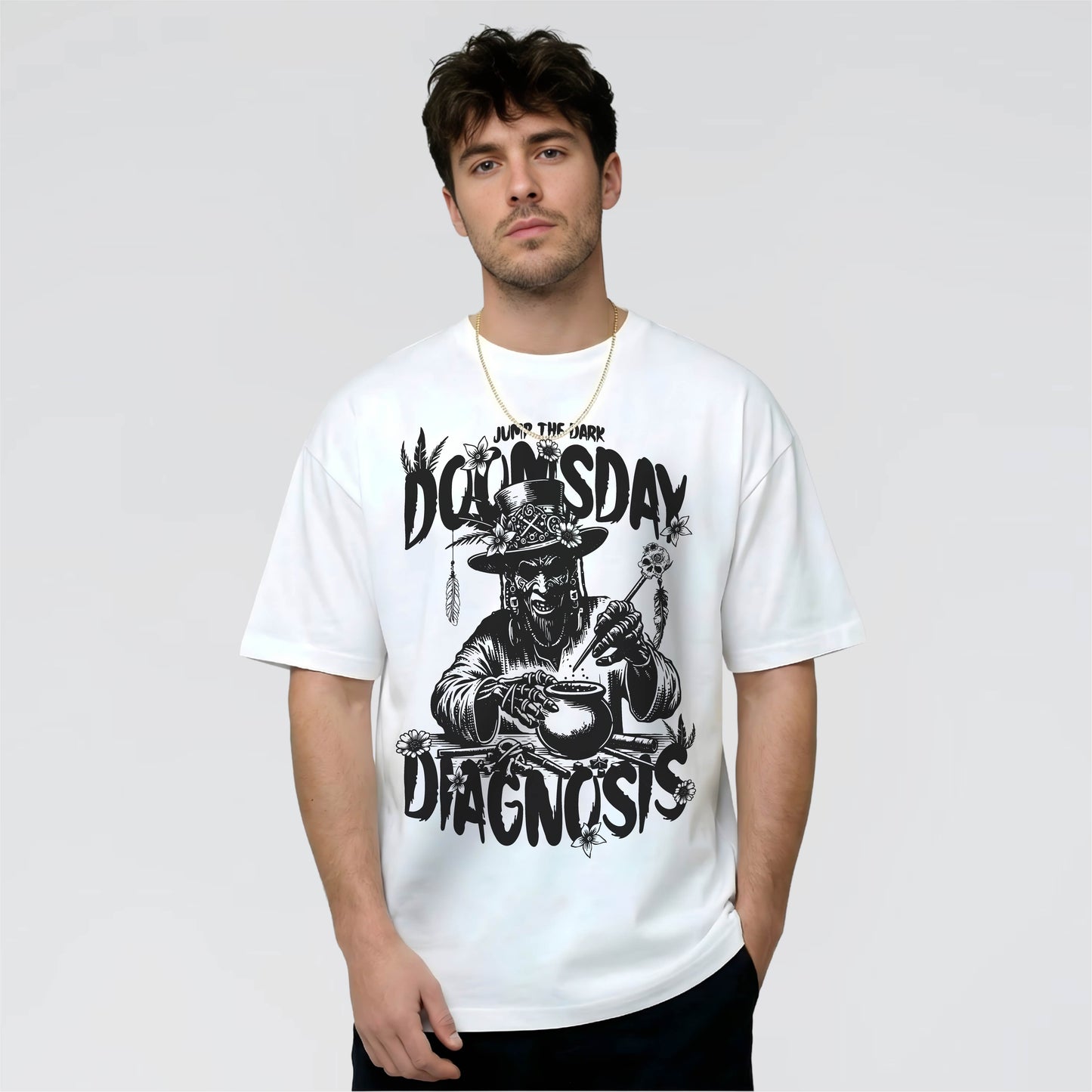 Doomsday Diagnosis Graphic T-Shirt in white streetwear style by Jump The Dark.