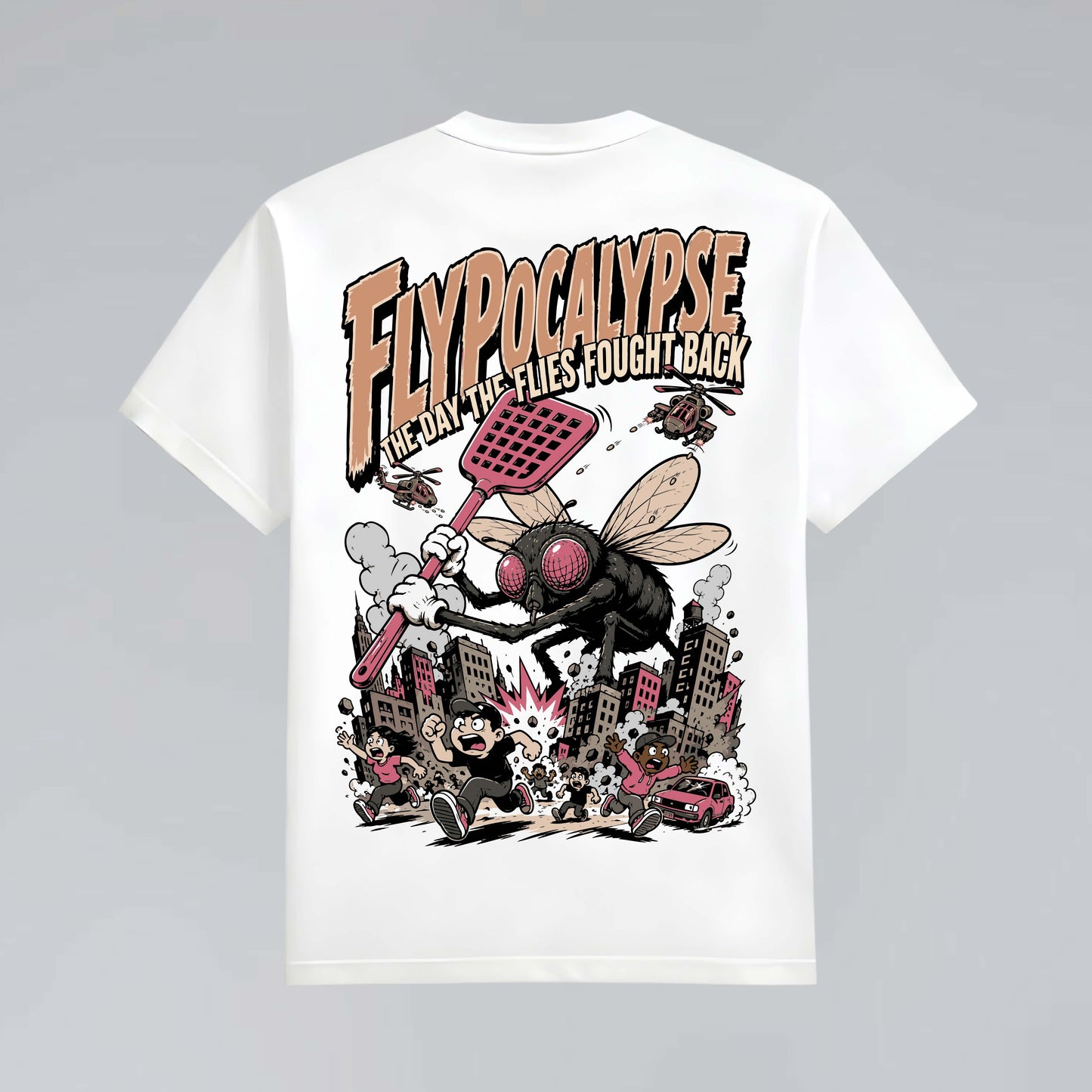 Flypocalypse white heavyweight graphic T-shirt flat lay with oversized comic-style fly back print
