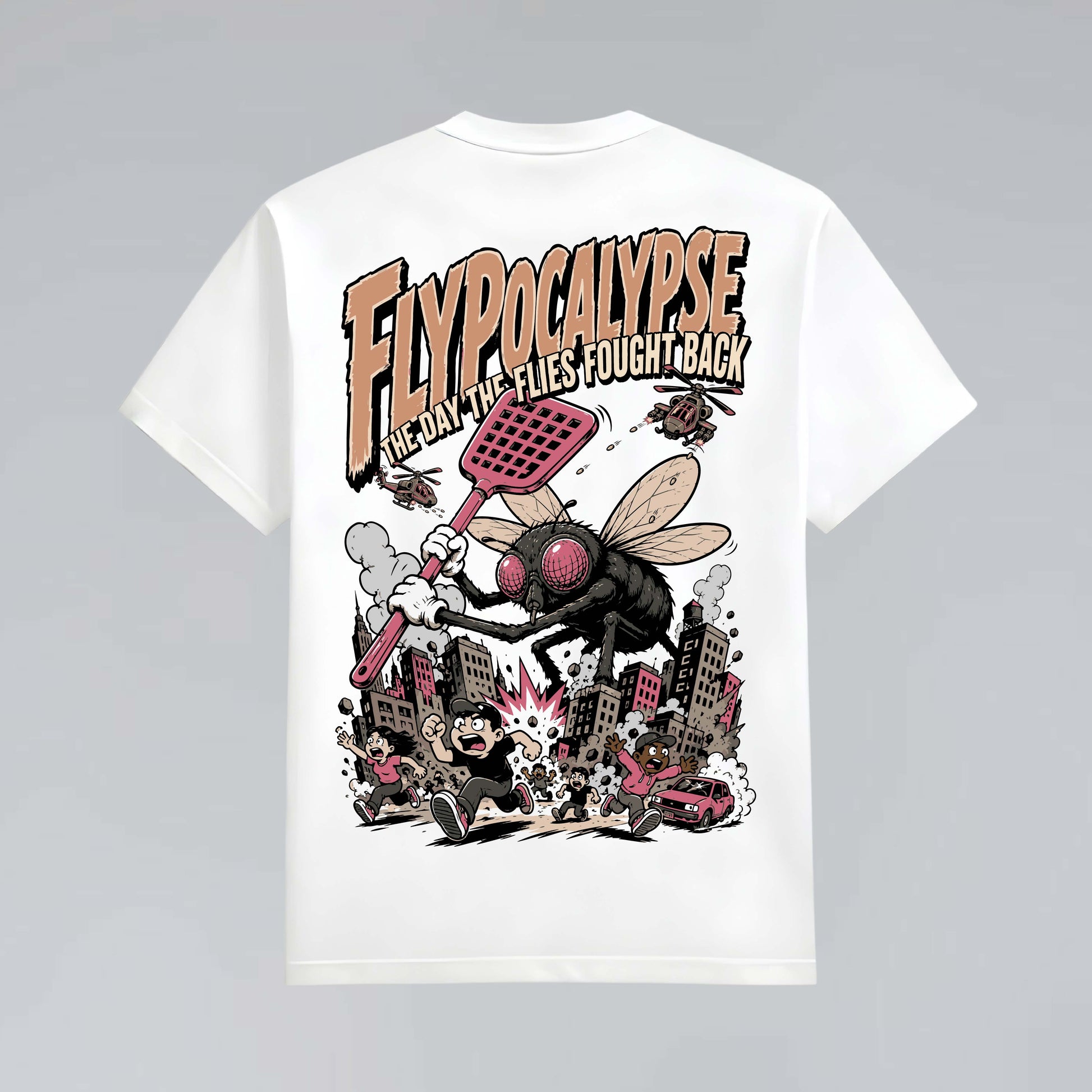 Flypocalypse white heavyweight graphic T-shirt flat lay with oversized comic-style fly back print