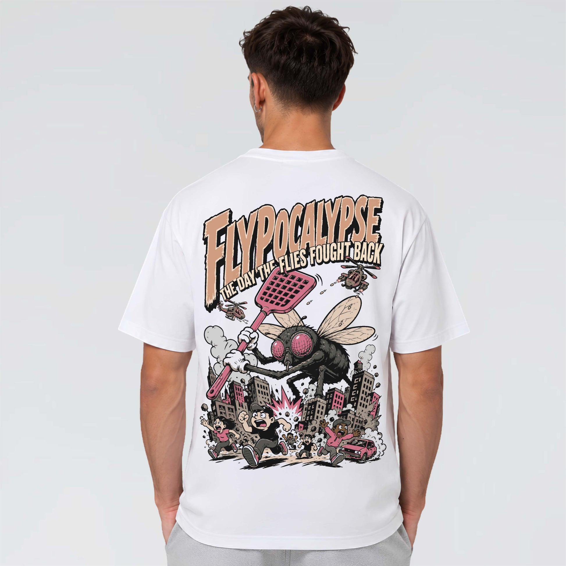 Flypocalypse white heavyweight graphic T-shirt with oversized illustrated fly apocalypse back print