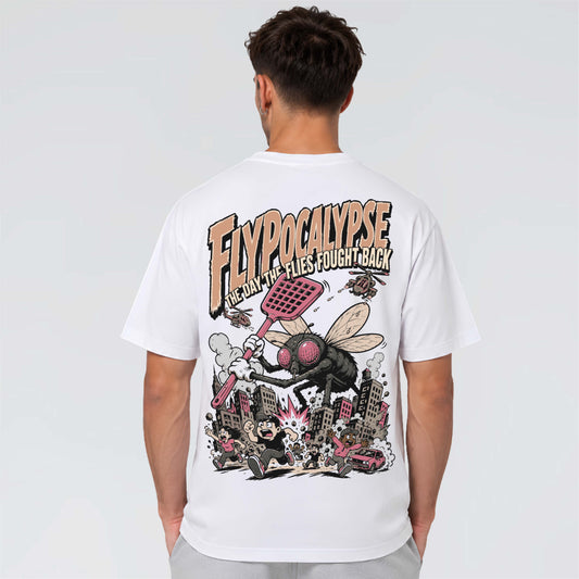 Flypocalypse white heavyweight graphic T-shirt with oversized illustrated fly apocalypse back print