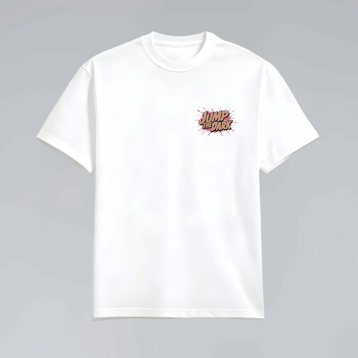 Flypocalypse white heavyweight T-shirt flat lay with Jump the Dark chest graphic