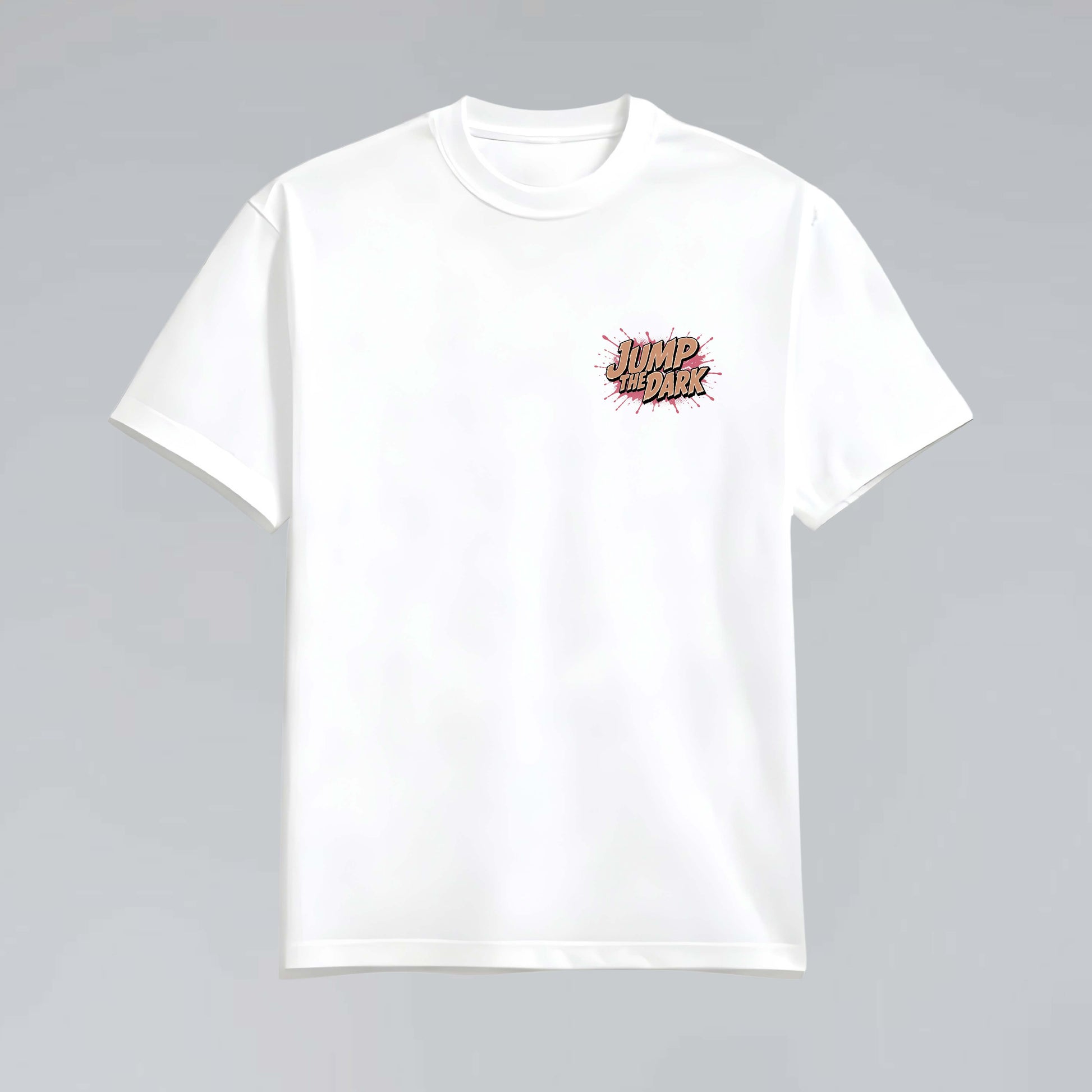 Flypocalypse white heavyweight T-shirt flat lay with Jump the Dark chest graphic