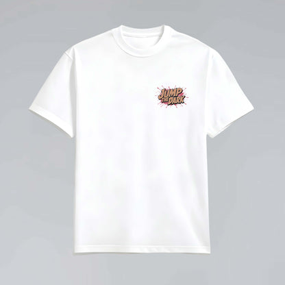 Flypocalypse white heavyweight T-shirt flat lay with Jump the Dark chest graphic