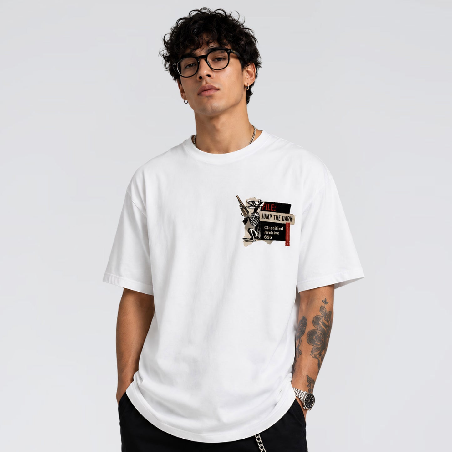 Male model wearing Human Error men’s and women’s graphic t-shirt by Jump the Dark.