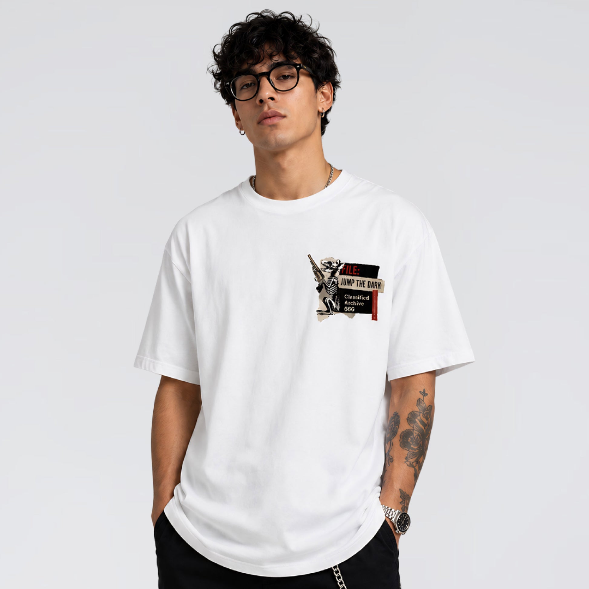 Male model wearing Human Error men’s and women’s graphic t-shirt by Jump the Dark.