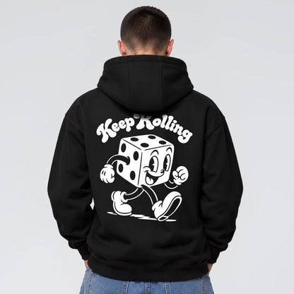 Keep Rolling retro cartoon hoodie on male model with large walking dice character back print
