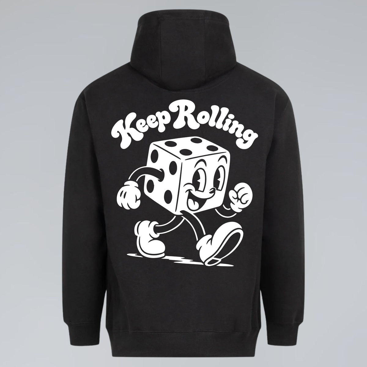 Black retro graphic hoodie with Keep Rolling lettering and vintage cartoon dice character