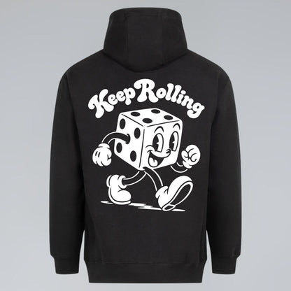 Black retro graphic hoodie with Keep Rolling lettering and vintage cartoon dice character