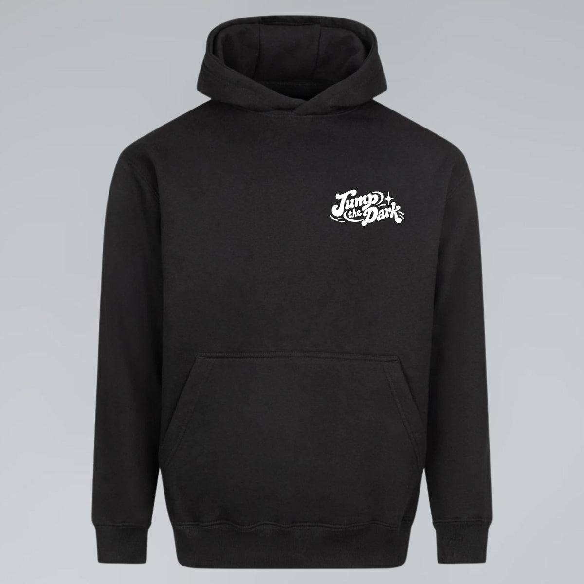 Keep Rolling black heavyweight hoodie with minimal white Jump the Dark chest graphic