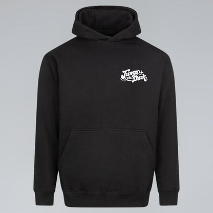 Keep Rolling black heavyweight hoodie with minimal white Jump the Dark chest graphic