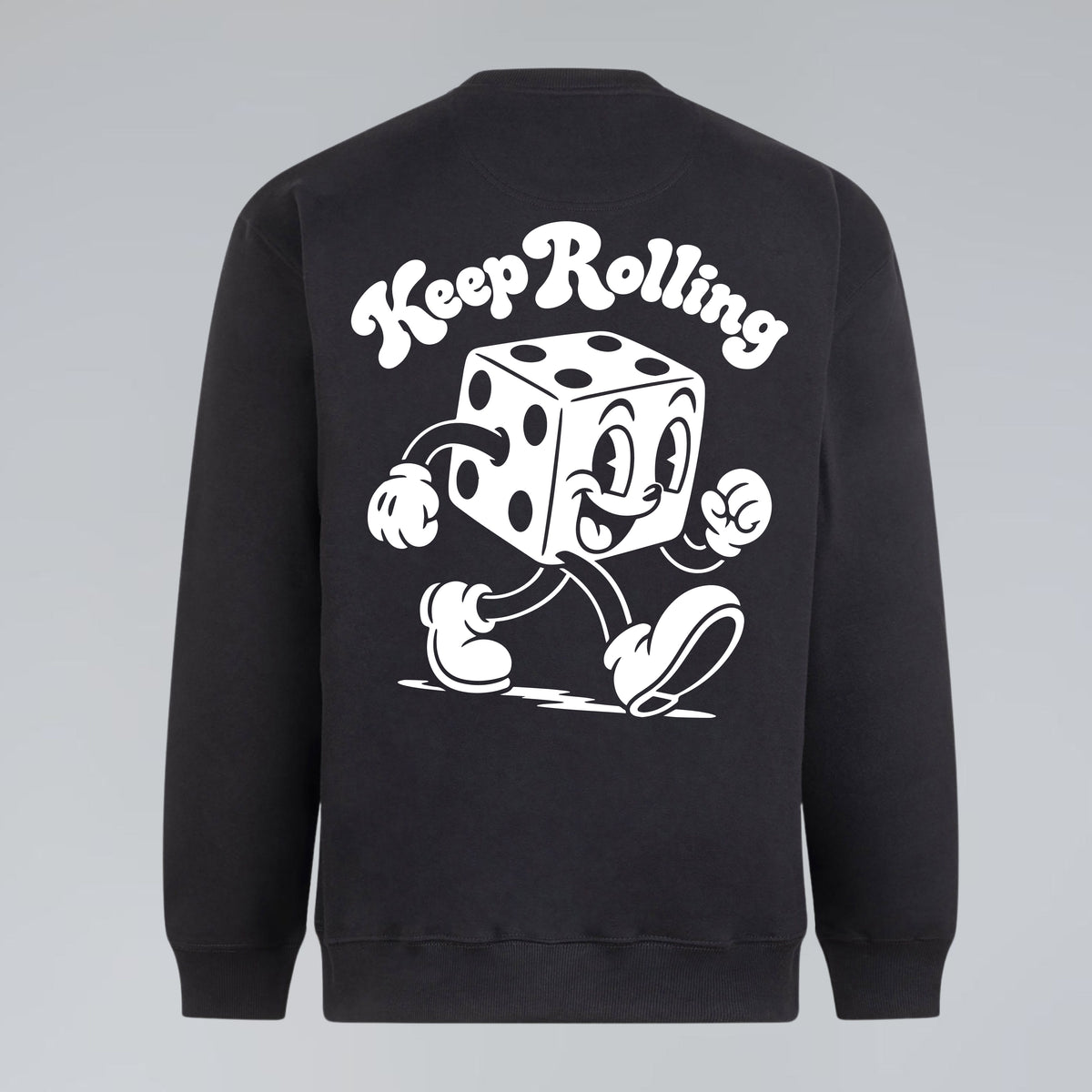 Retro dice graphic sweatshirt with Keep Rolling lettering and large cartoon character back print.