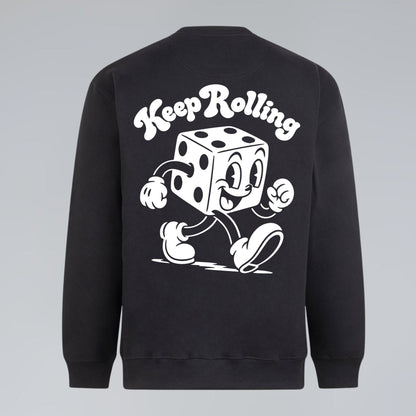 Retro dice graphic sweatshirt with Keep Rolling lettering and large cartoon character back print.