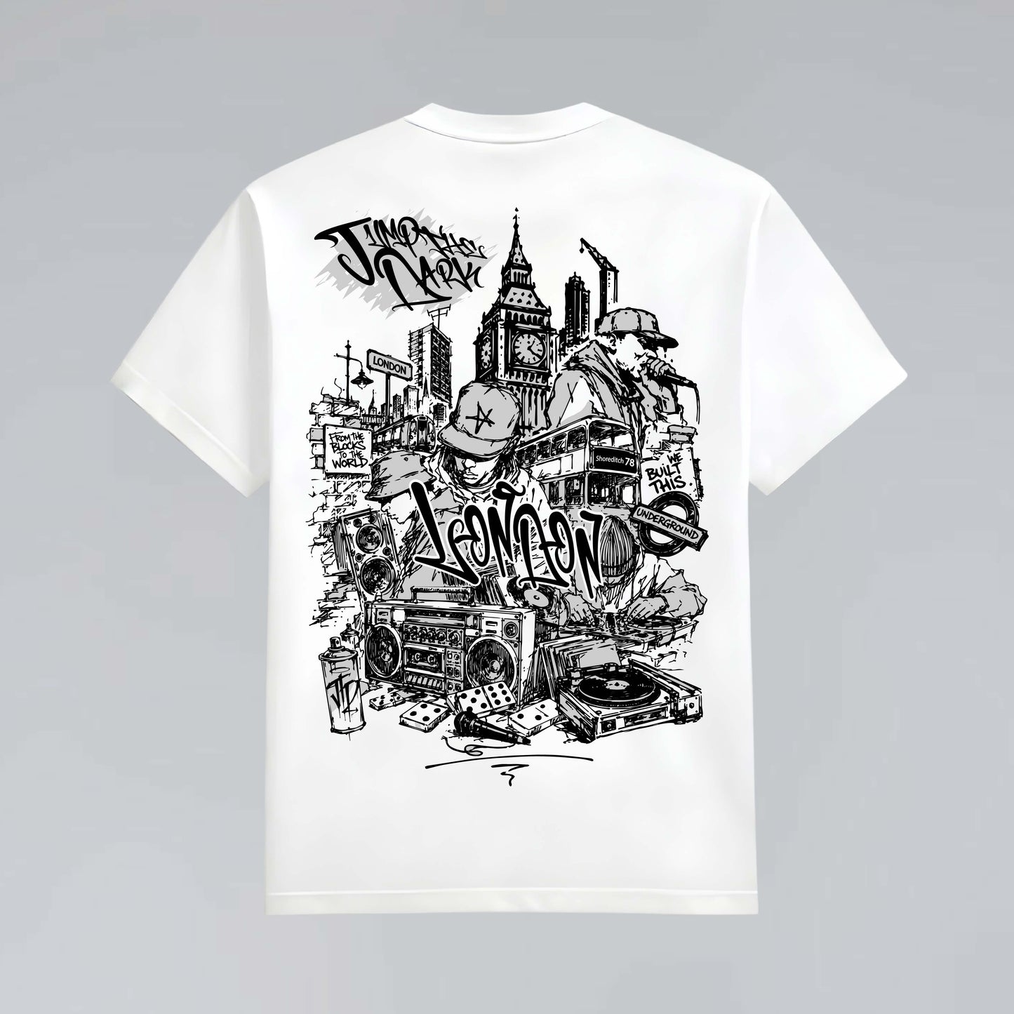 White heavy graphic T-shirt flat lay featuring London skyline, turntables, boom box and graffiti-inspired back artwork