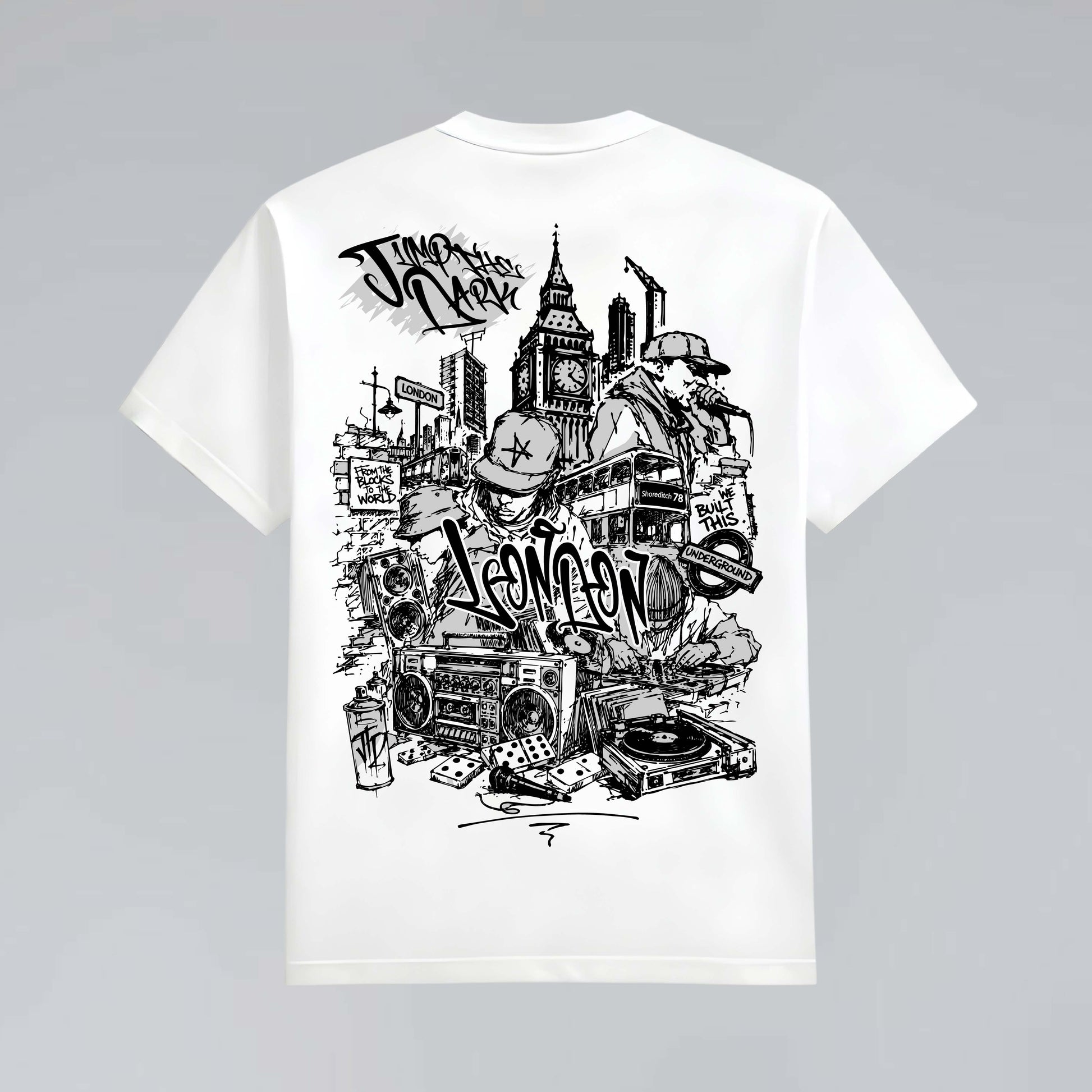 White heavy graphic T-shirt flat lay featuring London skyline, turntables, boom box and graffiti-inspired back artwork
