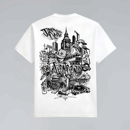 White heavy graphic T-shirt flat lay featuring London skyline, turntables, boom box and graffiti-inspired back artwork