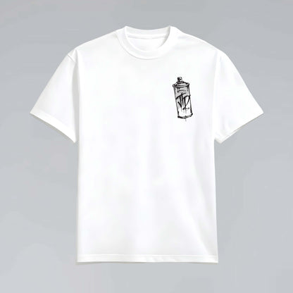London Underground 245 GSM cotton T-shirt laid flat with monochrome spray can chest graphic