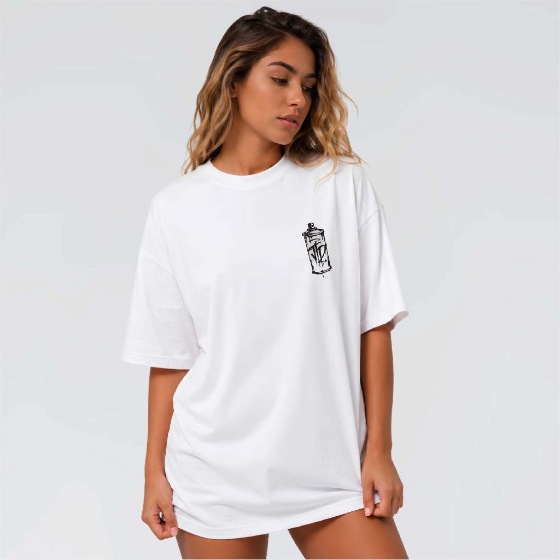 London Underground white heavy graphic T-shirt worn with hand-drawn JTD spray can chest artwork