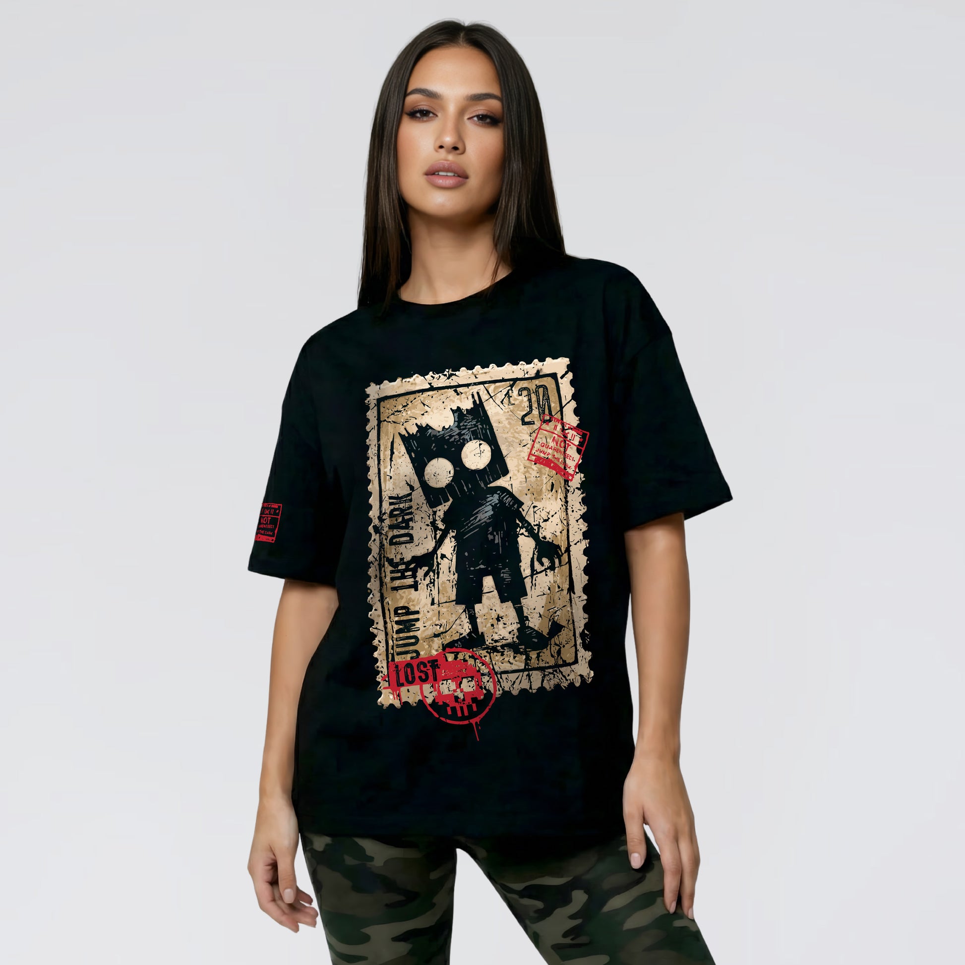 Distressed stamp style graphic t-shirt for men and women