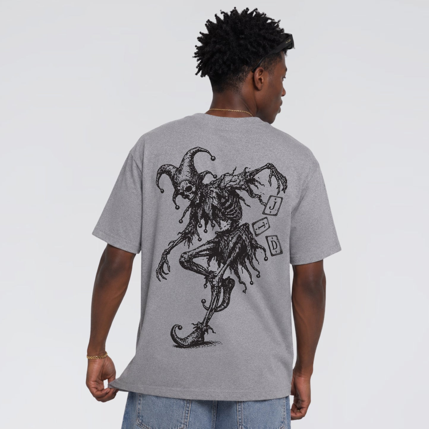 Back print of Midnight Jester unisex grey streetwear t-shirt.