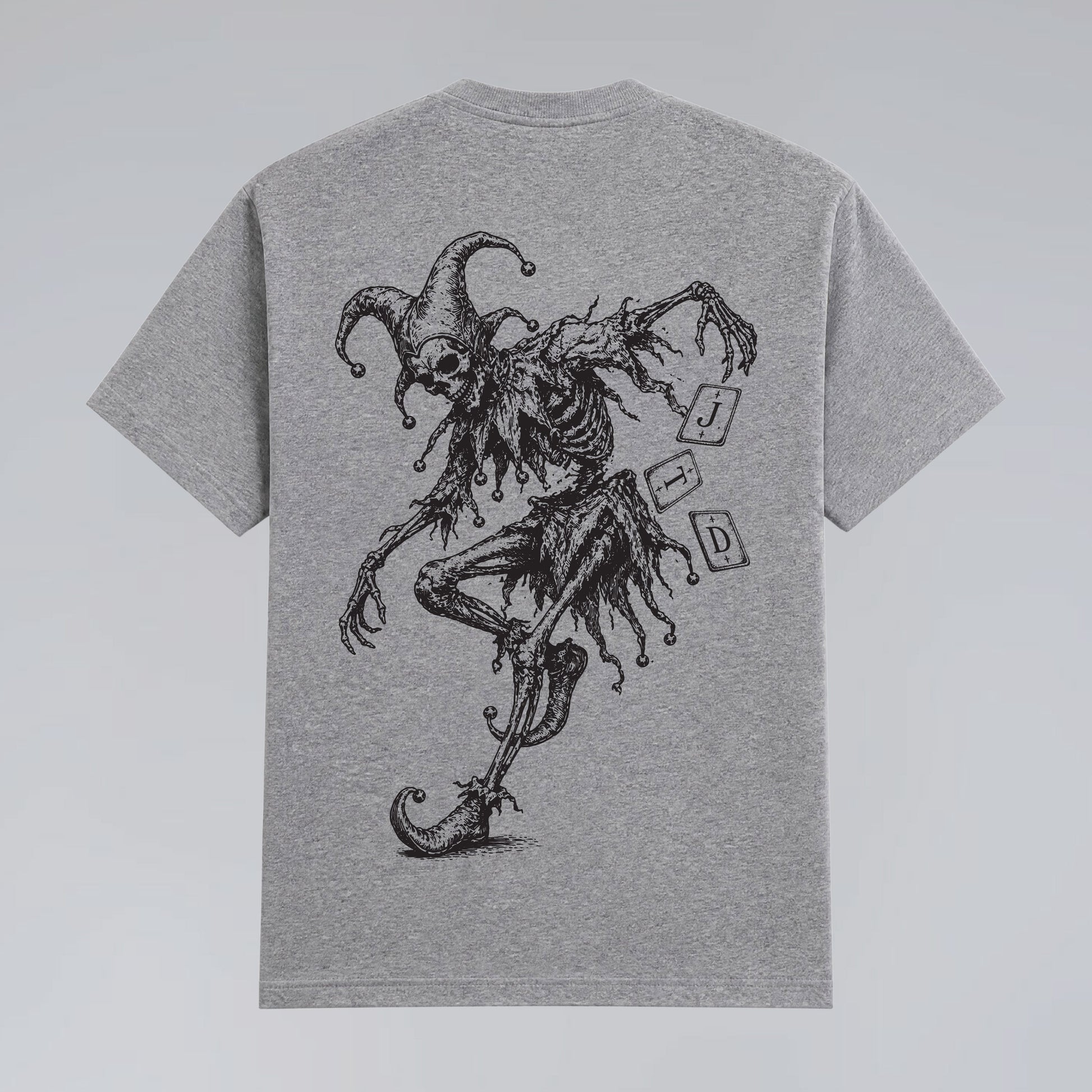 Back flat lay of Midnight Jester unisex grey graphic t-shirt by London's Jump The Dark.