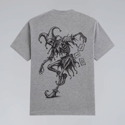 Back flat lay of Midnight Jester unisex grey graphic t-shirt by London's Jump The Dark.