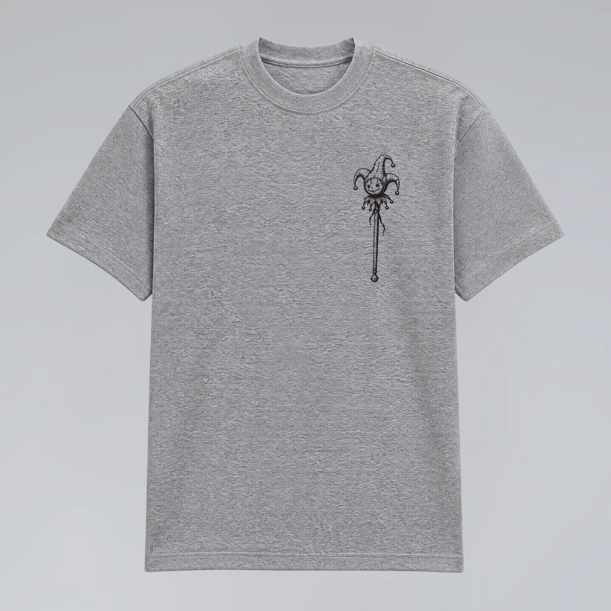 Front flat lay of Midnight Jester grey streetwear tee for men and women.