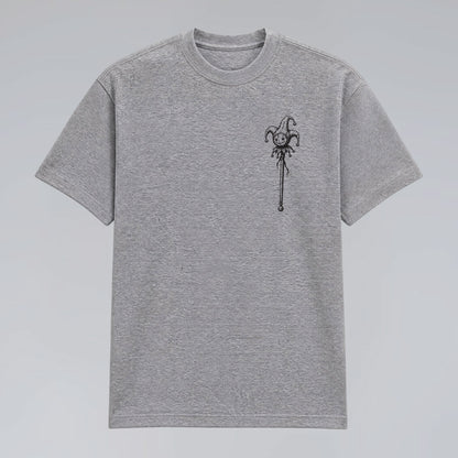 Front flat lay of Midnight Jester grey streetwear tee for men and women.