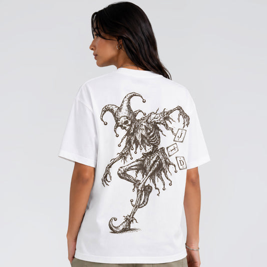 Back graphic of Midnight Jester white streetwear t-shirt.
