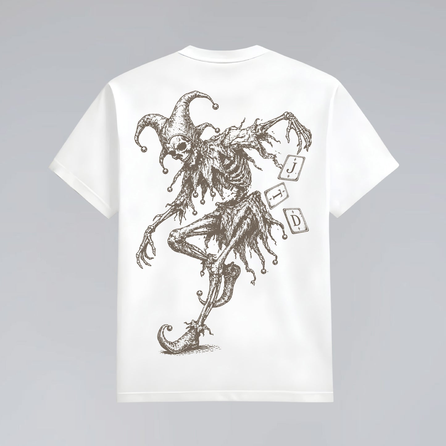 Back flat lay of Midnight Jester unisex white graphic t-shirt.