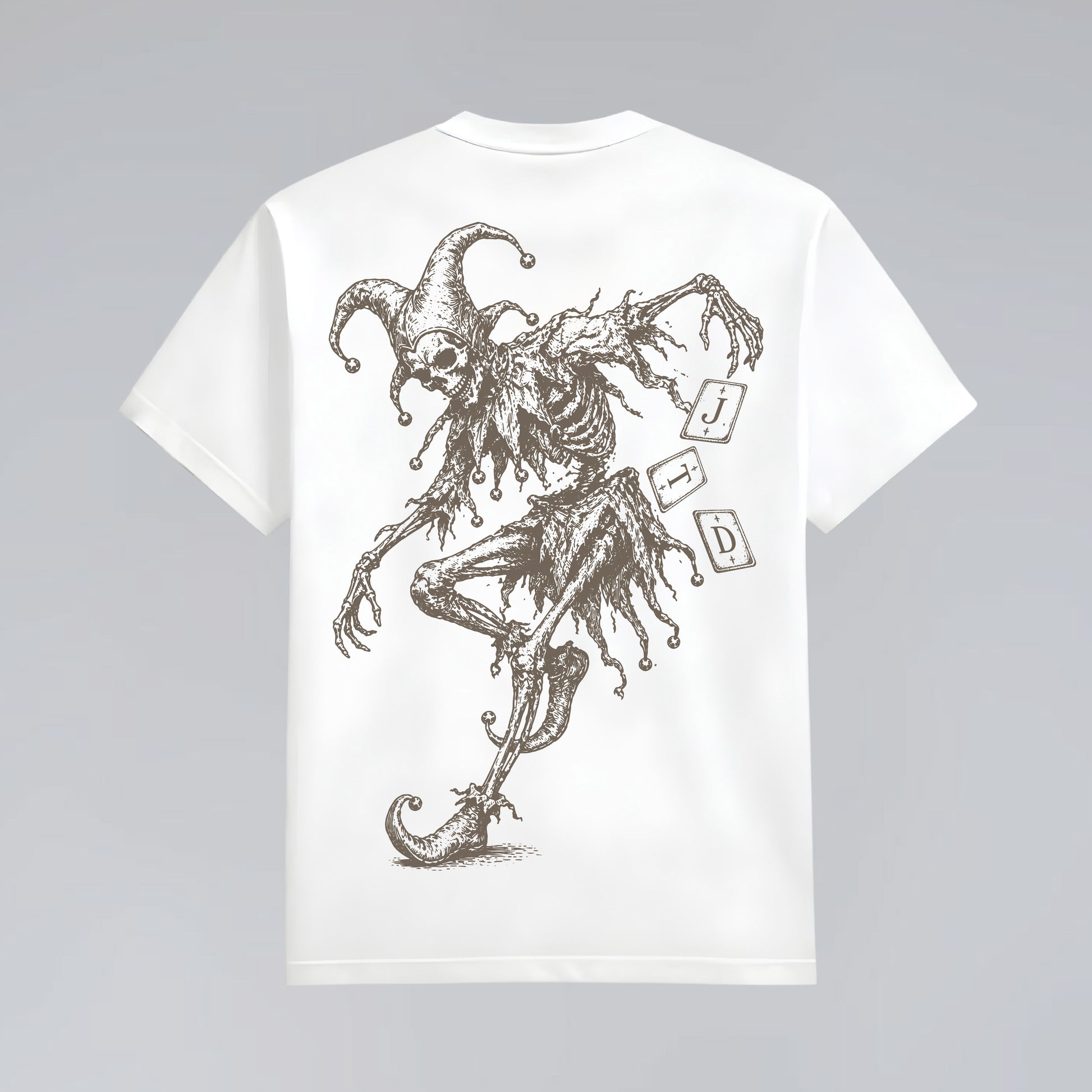 Back flat lay of Midnight Jester unisex white graphic t-shirt.