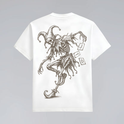 Back flat lay of Midnight Jester unisex white graphic t-shirt.