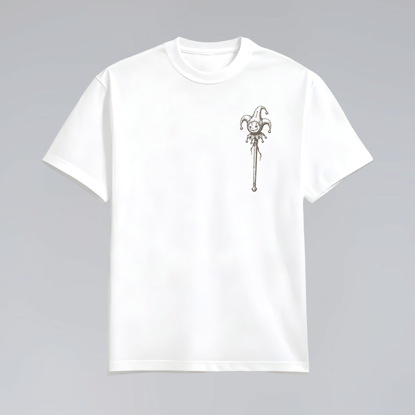Front flat lay of Midnight Jester unisex white graphic tee.