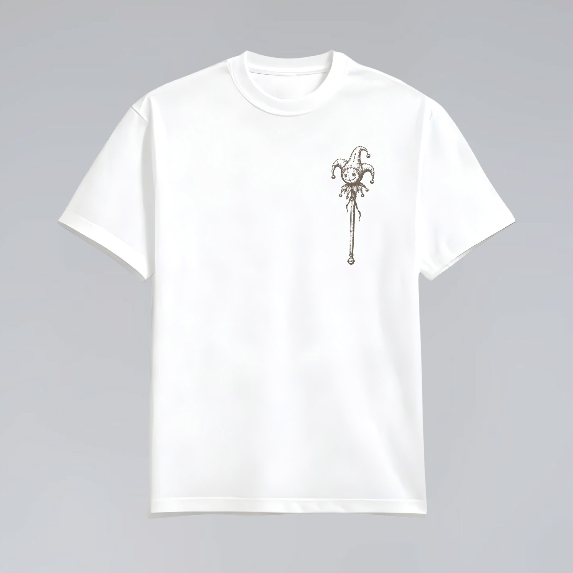 Front flat lay of Midnight Jester unisex white graphic tee.