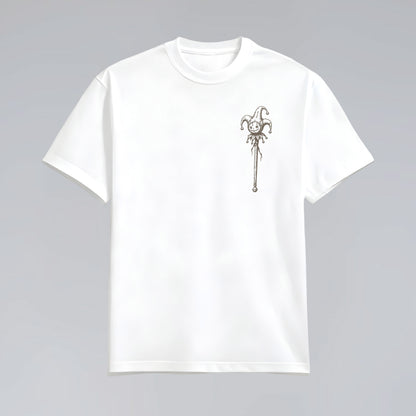 Front flat lay of Midnight Jester unisex white graphic tee.