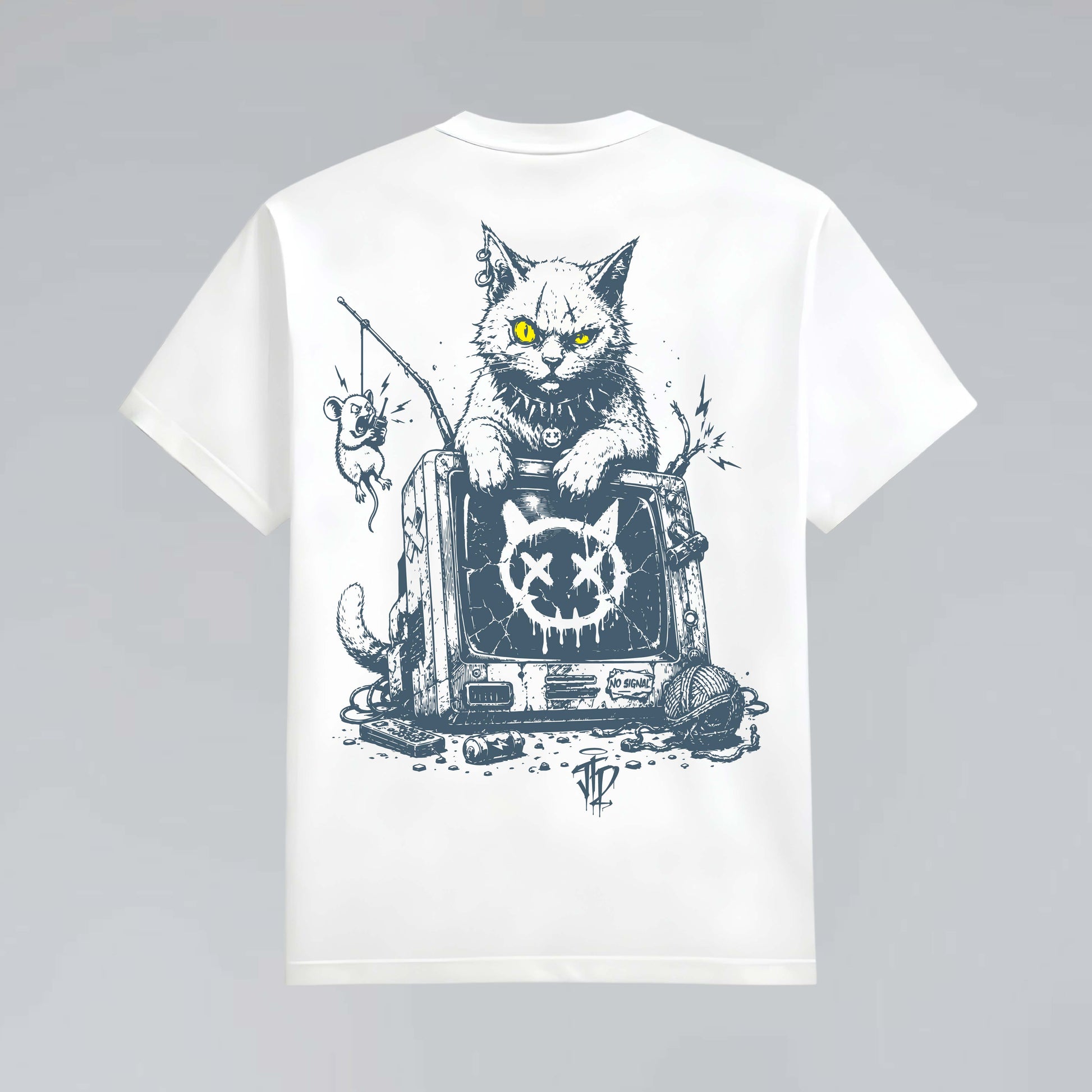 White heavy graphic T-shirt laid flat showing detailed cat and mouse retro TV back design