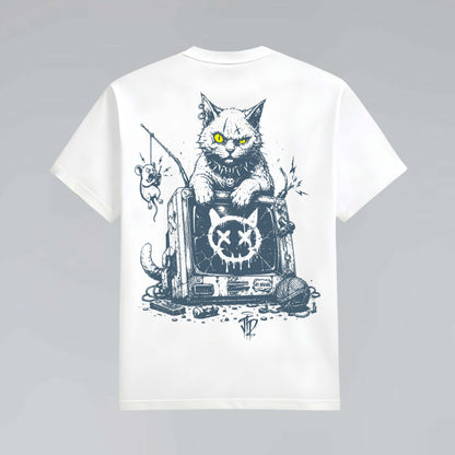 White heavy graphic T-shirt laid flat showing detailed cat and mouse retro TV back design